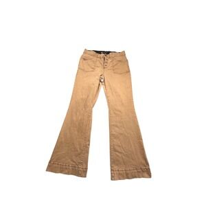 Indigo Poppy Flare Jeans Womens 16 Tan Button Fly Patch Pocket High Rise Retro